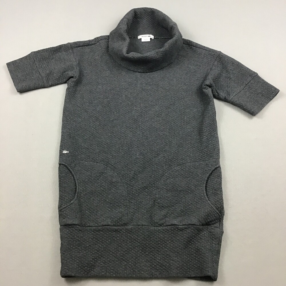 Lacoste Sweater Dress Women 36 Gray Solid Long Pullover Mock Neck